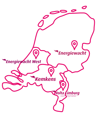 Kaart Nederland met Essent servicepartners Energiewacht West, Kemkens, Volta NXT en Energiewacht
